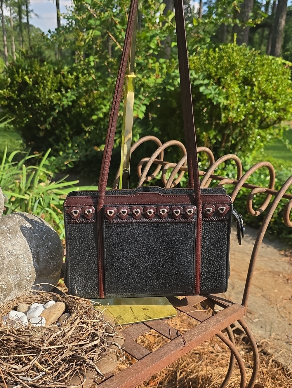 Brighton Jagger Black & Brown Pebbled Leather Shoulder Bag Small Hearts Vintage
